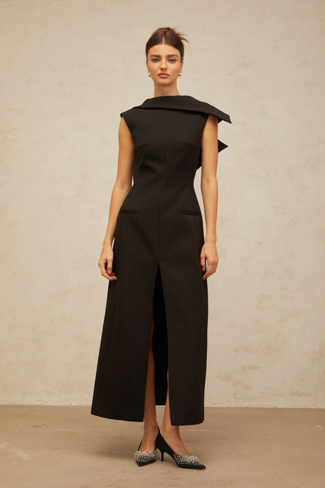 Aurohaya Léonore black deconstructed open-back midi dress