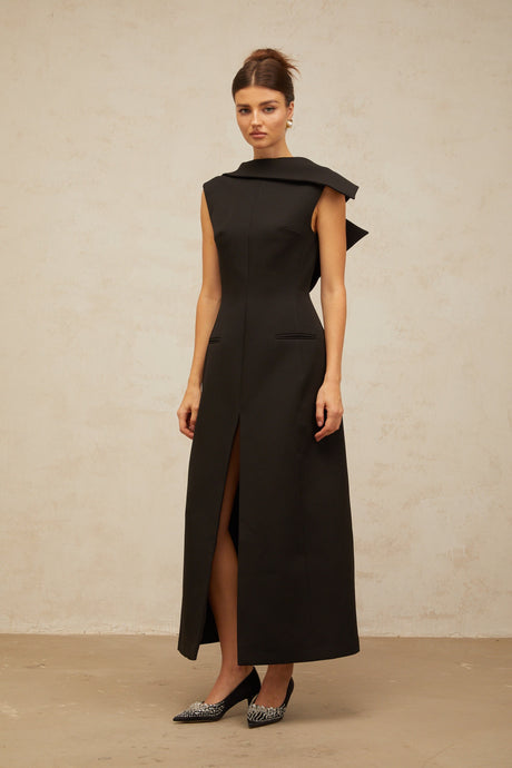 Aurohaya Léonore black deconstructed open-back midi dress