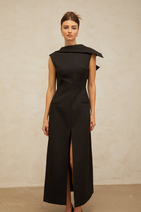 Aurohaya Léonore black deconstructed open-back midi dress