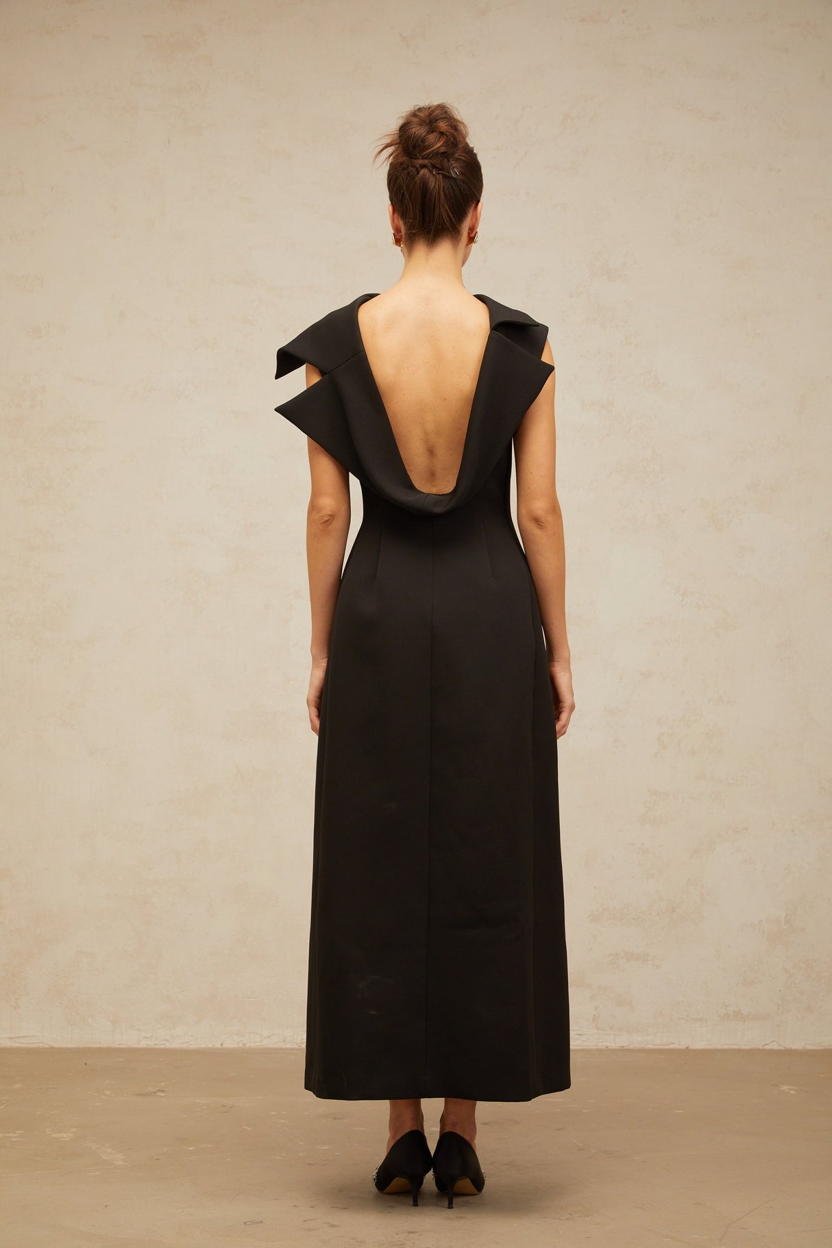 Aurohaya Léonore black deconstructed open-back midi dress