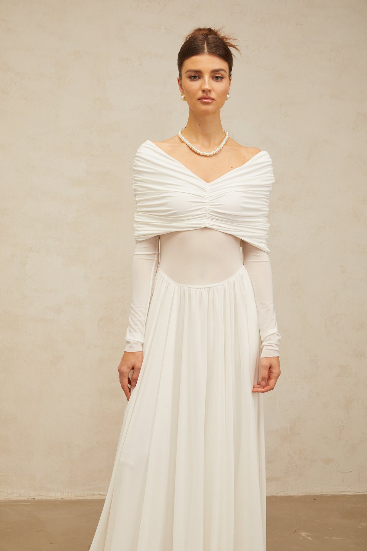 Aurohaya Vérane White Draped-detail Ruched Maxi Dress