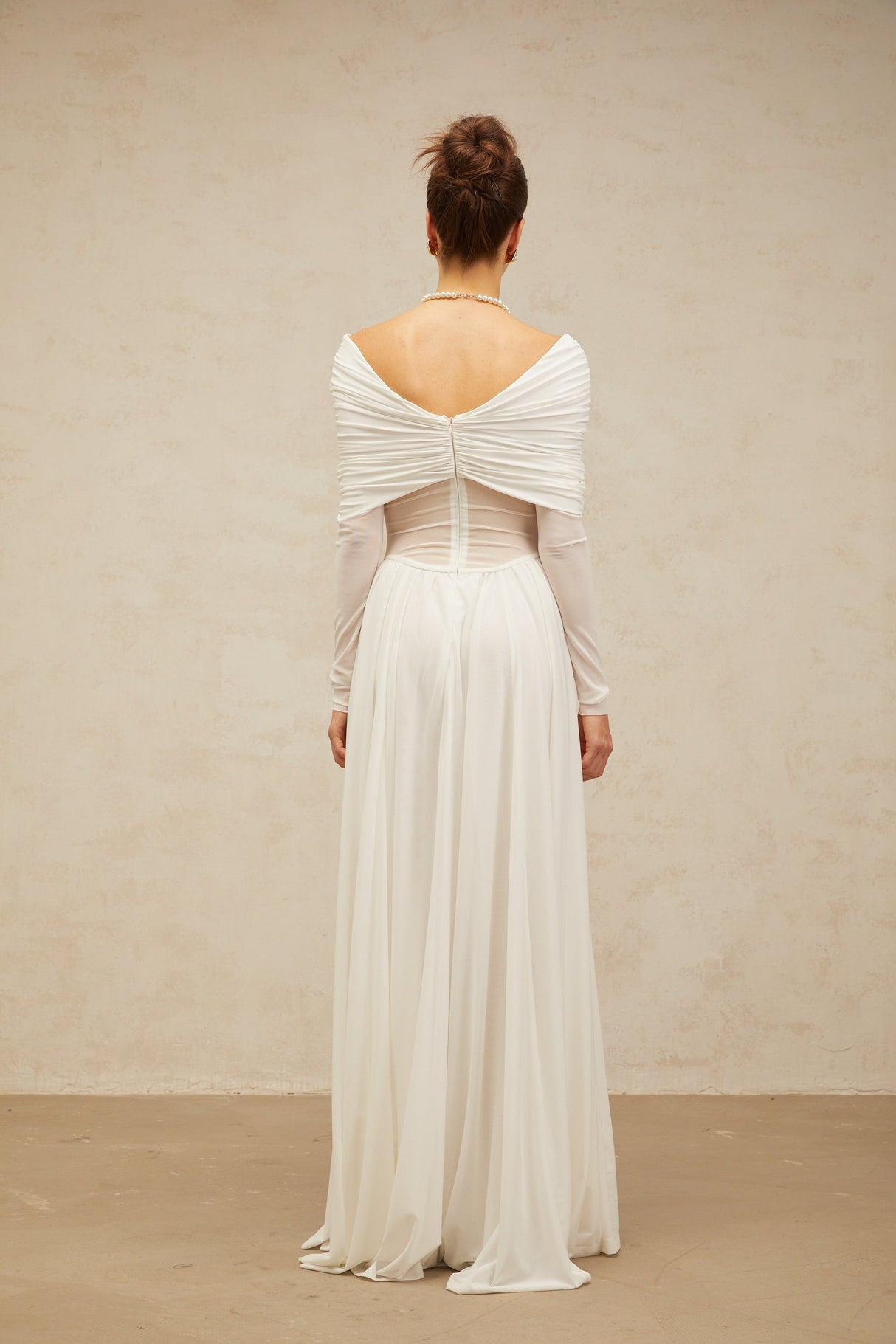 Aurohaya Vérane White Draped-detail Ruched Maxi Dress