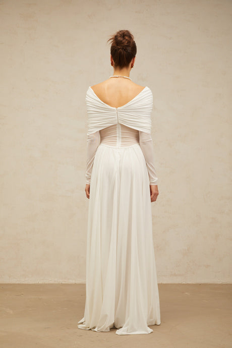Aurohaya Vérane White Draped-detail Ruched Maxi Dress