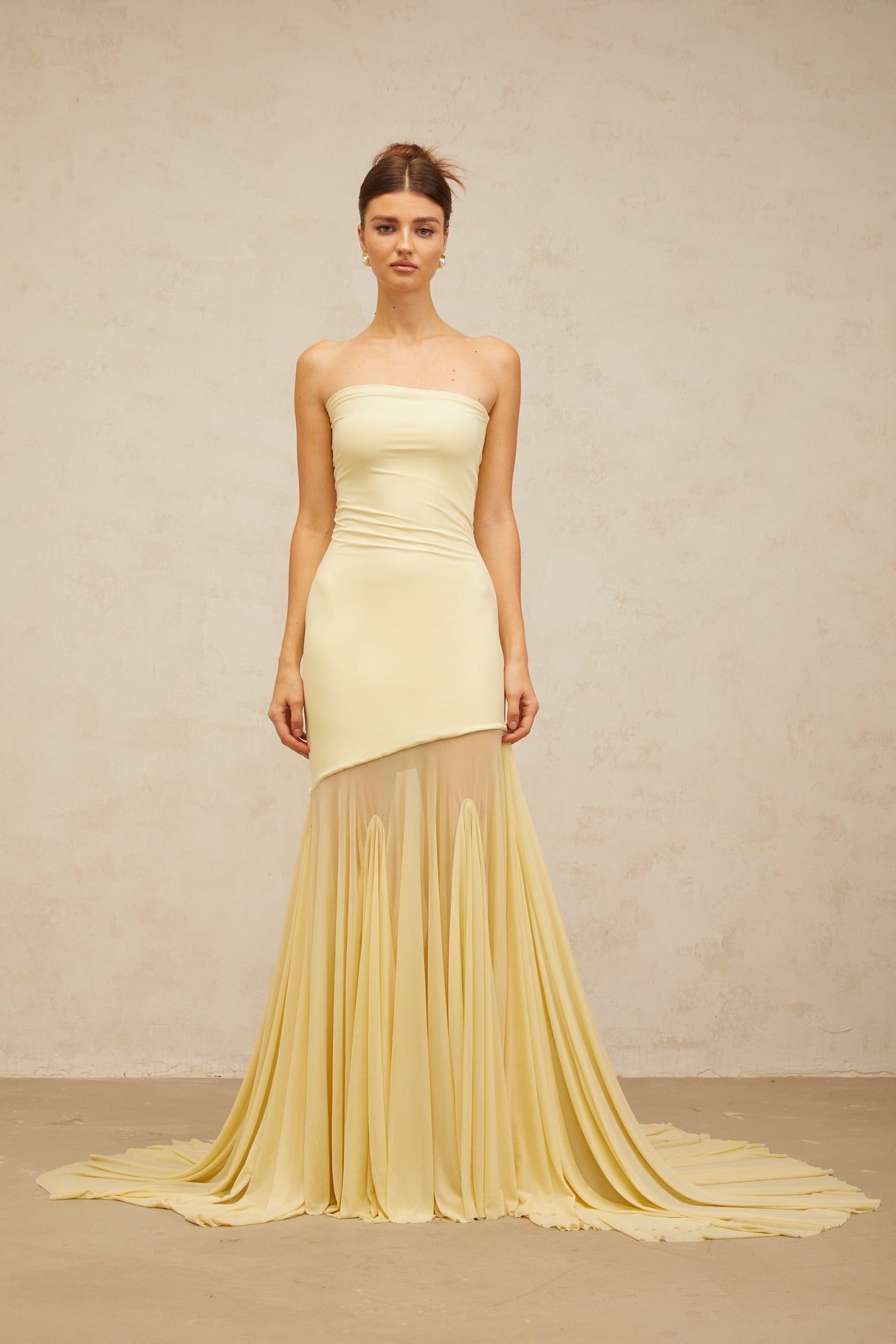 Aurohaya Josiane yellow off-shoulder sheer tulle maxi dress