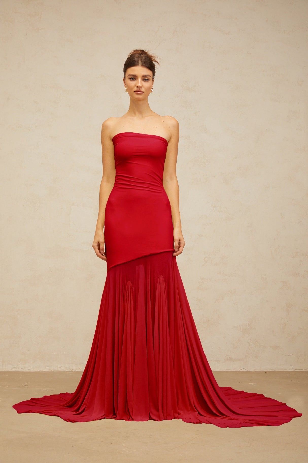Aurohaya Josiane red off-shoulder sheer tulle maxi dress