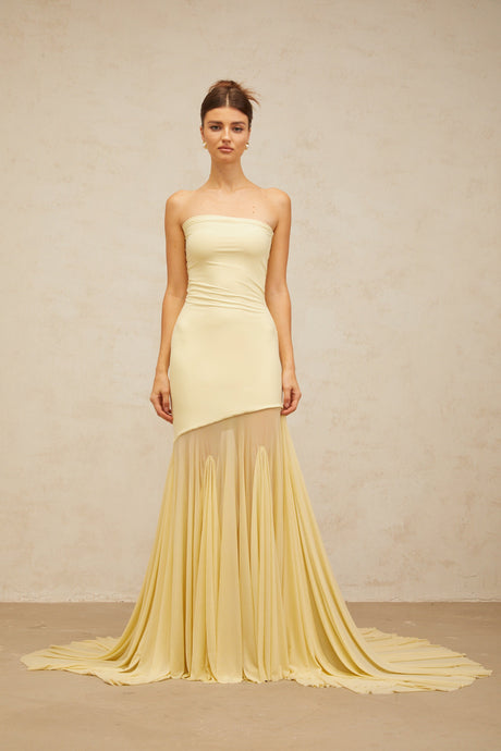 Aurohaya Josiane yellow off-shoulder sheer tulle maxi dress