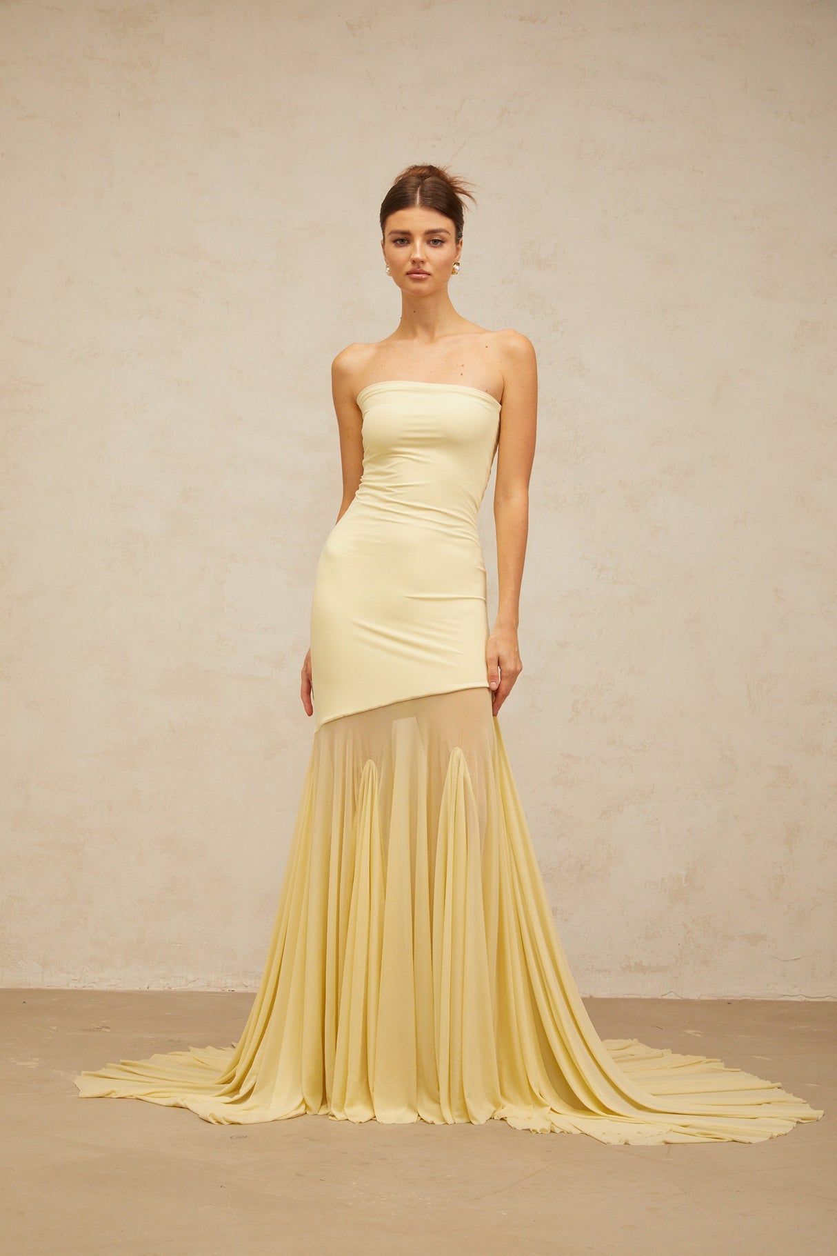 Aurohaya Josiane yellow off-shoulder sheer tulle maxi dress