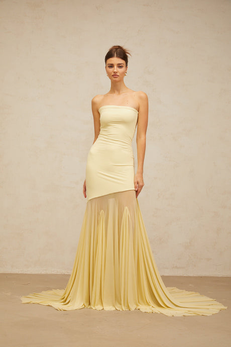 Aurohaya Josiane yellow off-shoulder sheer tulle maxi dress