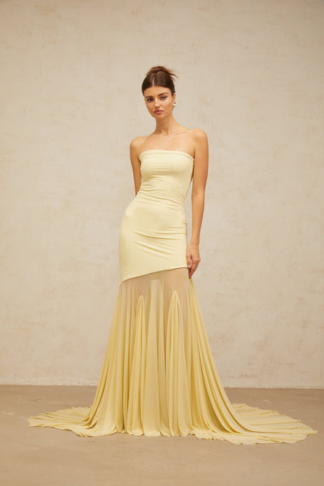 Aurohaya Josiane yellow off-shoulder sheer tulle maxi dress