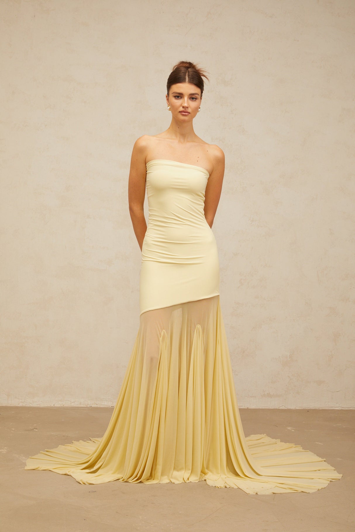Aurohaya Josiane yellow off-shoulder sheer tulle maxi dress