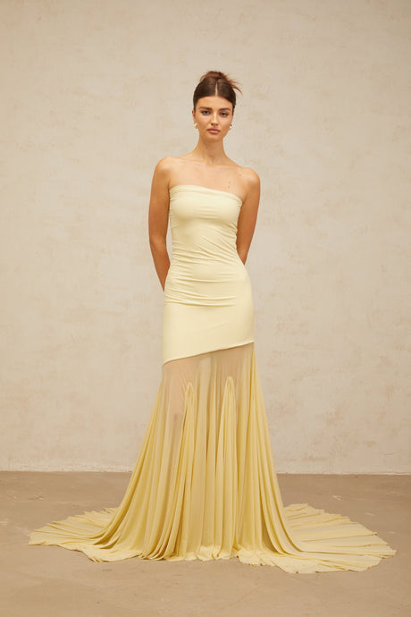 Aurohaya Josiane yellow off-shoulder sheer tulle maxi dress