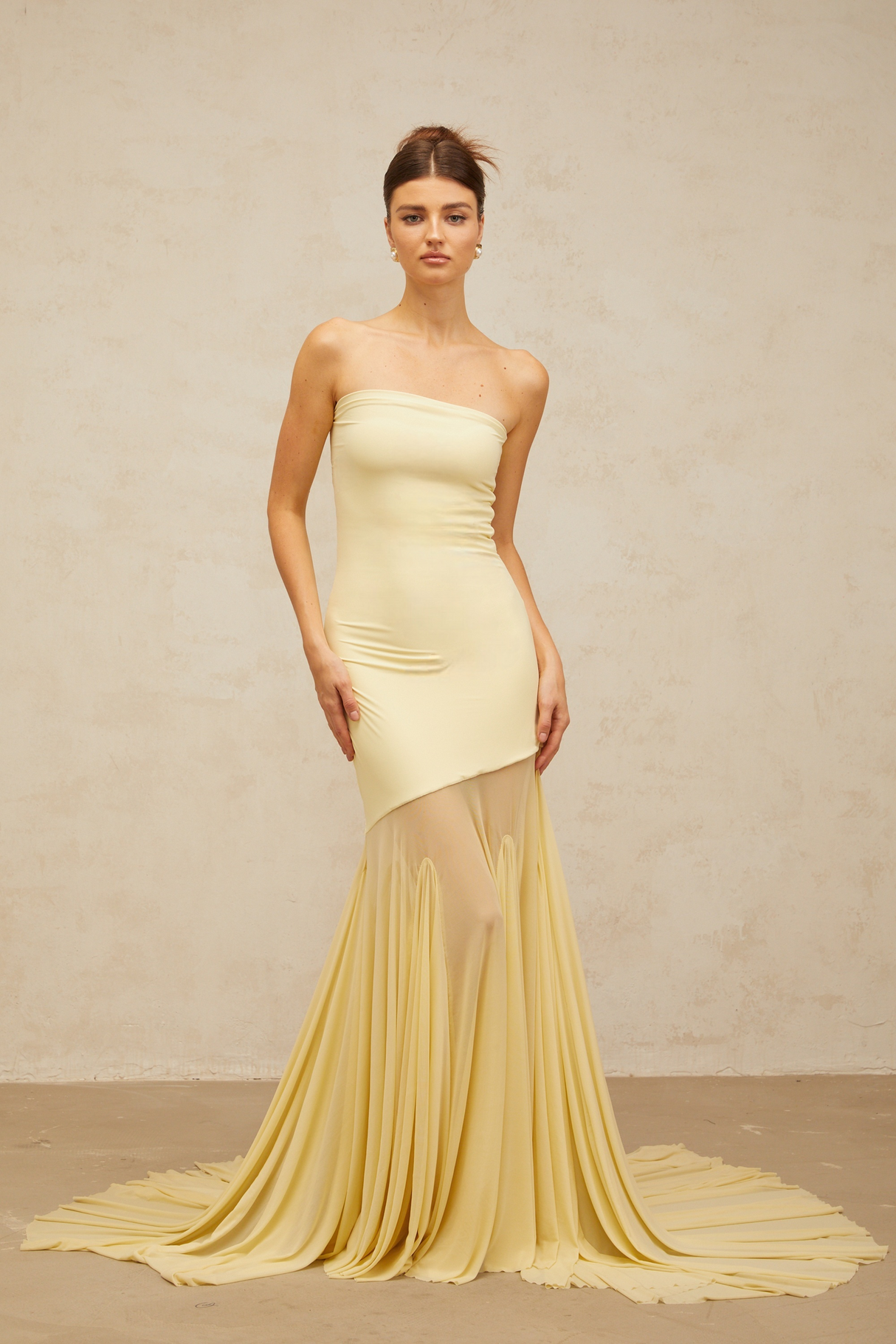 Aurohaya Josiane yellow off-shoulder sheer tulle maxi dress