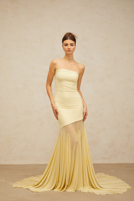 Aurohaya Josiane yellow off-shoulder sheer tulle maxi dress
