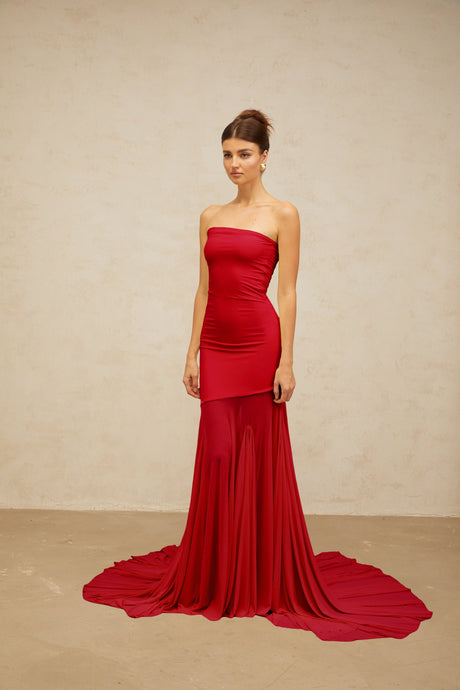 Aurohaya Josiane red off-shoulder sheer tulle maxi dress