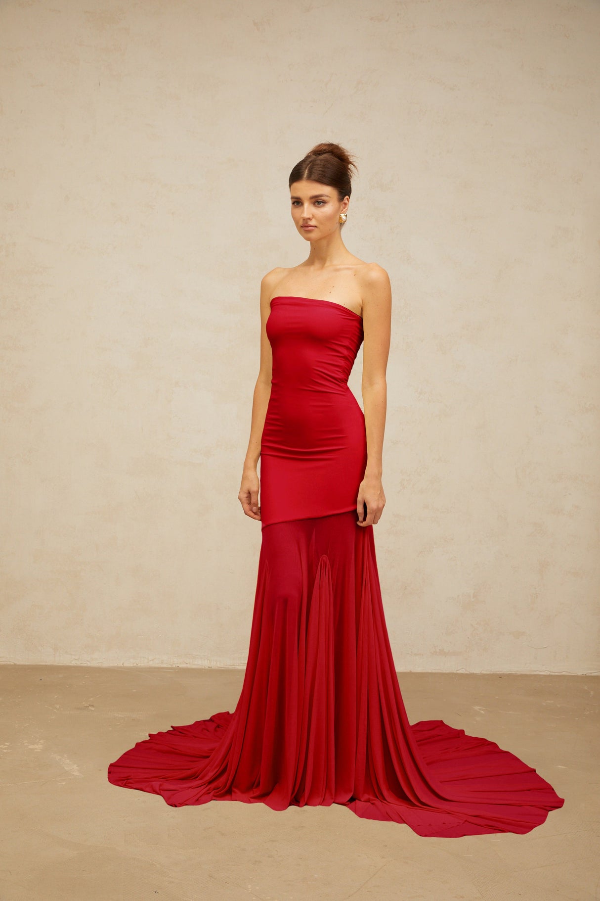 Aurohaya Josiane red off-shoulder sheer tulle maxi dress