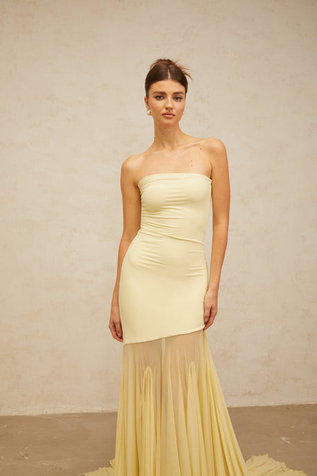 Aurohaya Josiane yellow off-shoulder sheer tulle maxi dress
