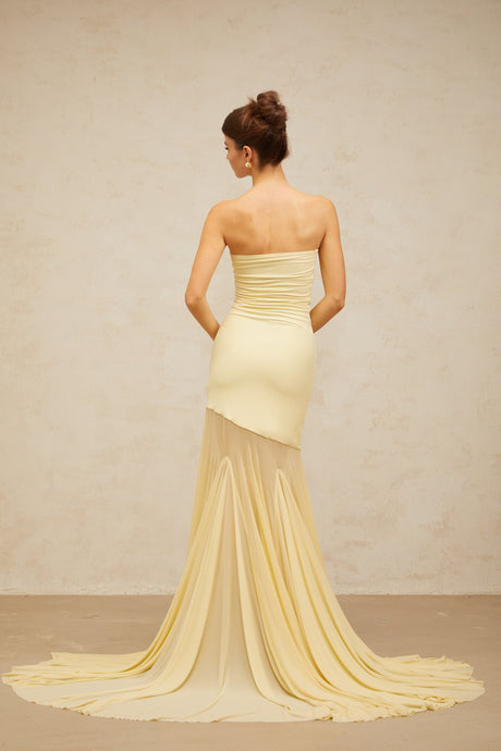 Aurohaya Josiane yellow off-shoulder sheer tulle maxi dress