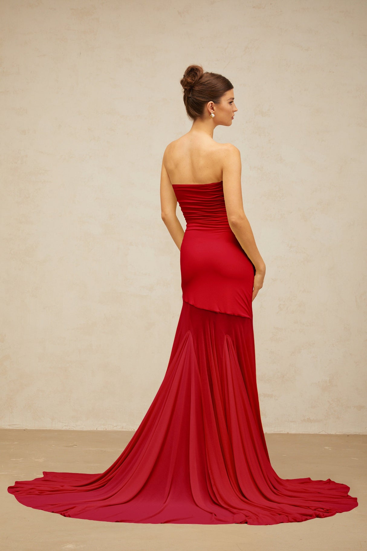 Aurohaya Josiane red off-shoulder sheer tulle maxi dress
