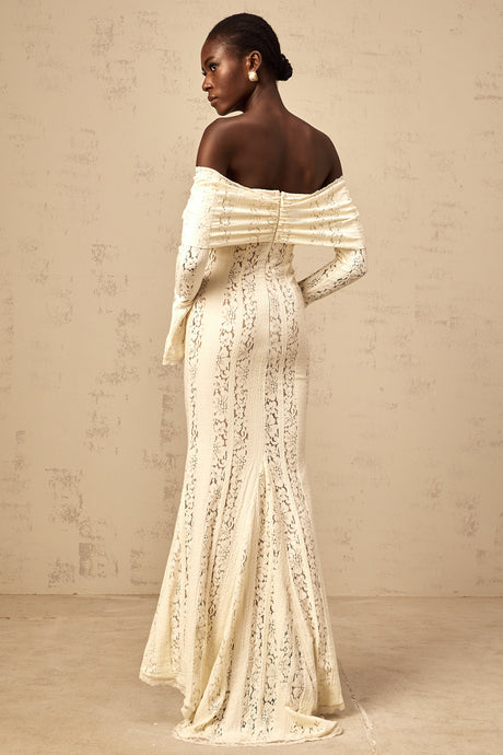 Aurohaya Émeline floral lace train-design maxi dress in Neutrals
