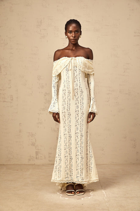 Aurohaya Émeline floral lace train-design maxi dress in Neutrals