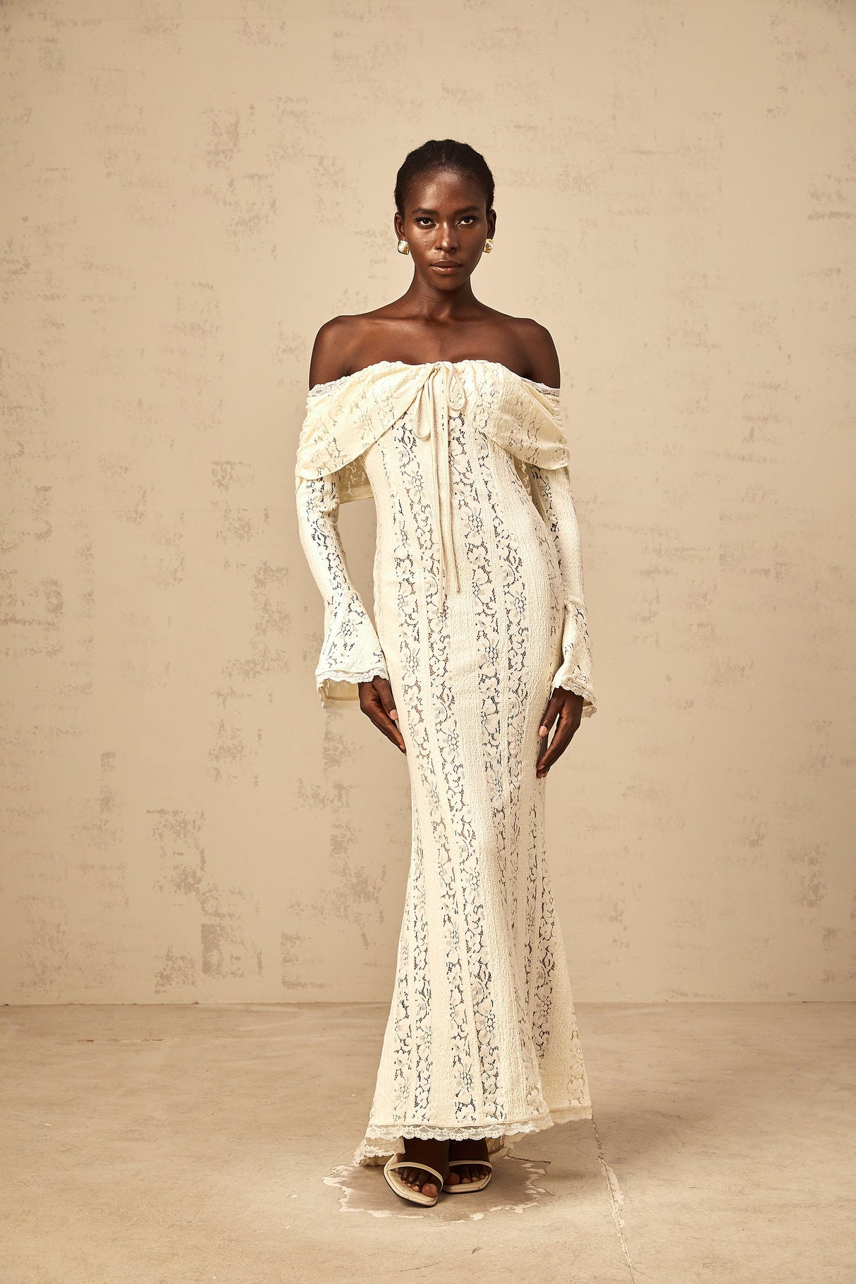 Aurohaya Émeline floral lace train-design maxi dress in Neutrals