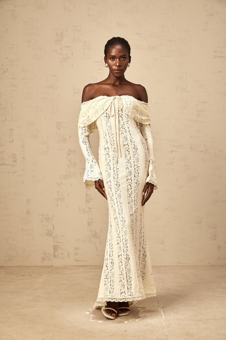 Aurohaya Émeline floral lace train-design maxi dress in Neutrals