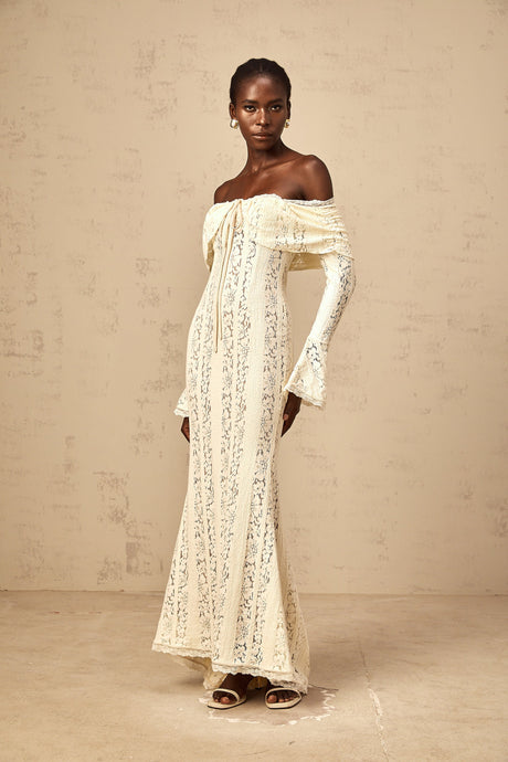 Aurohaya Émeline floral lace train-design maxi dress in Neutrals