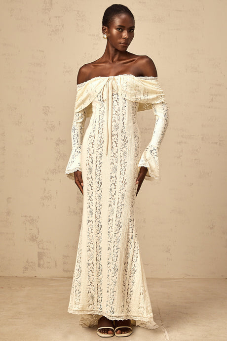 Aurohaya Émeline floral lace train-design maxi dress in Neutrals