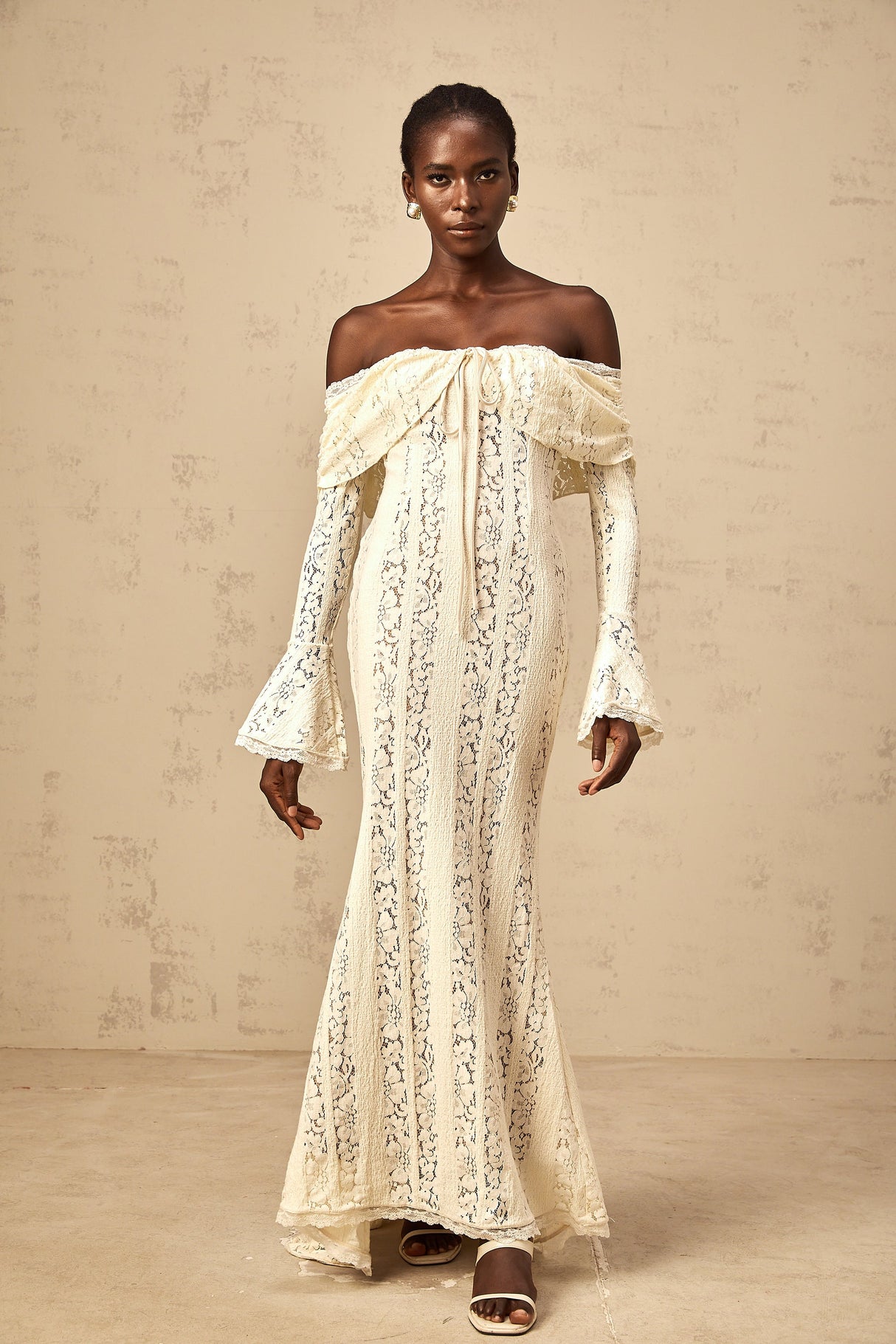 Aurohaya Émeline floral lace train-design maxi dress in Neutrals