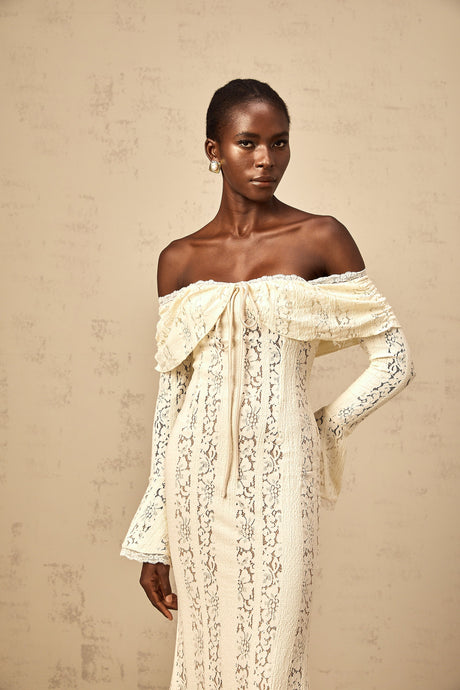 Aurohaya Émeline floral lace train-design maxi dress in Neutrals