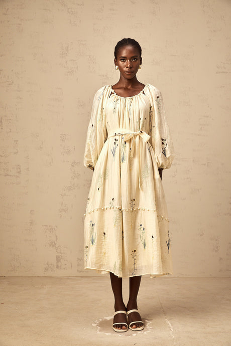 Aurohaya Uranie beige flower-embroidered beaded midi dress