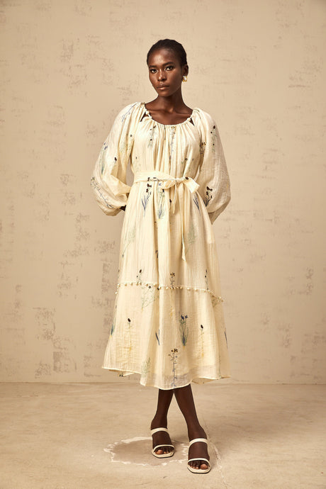 Aurohaya Uranie beige flower-embroidered beaded midi dress