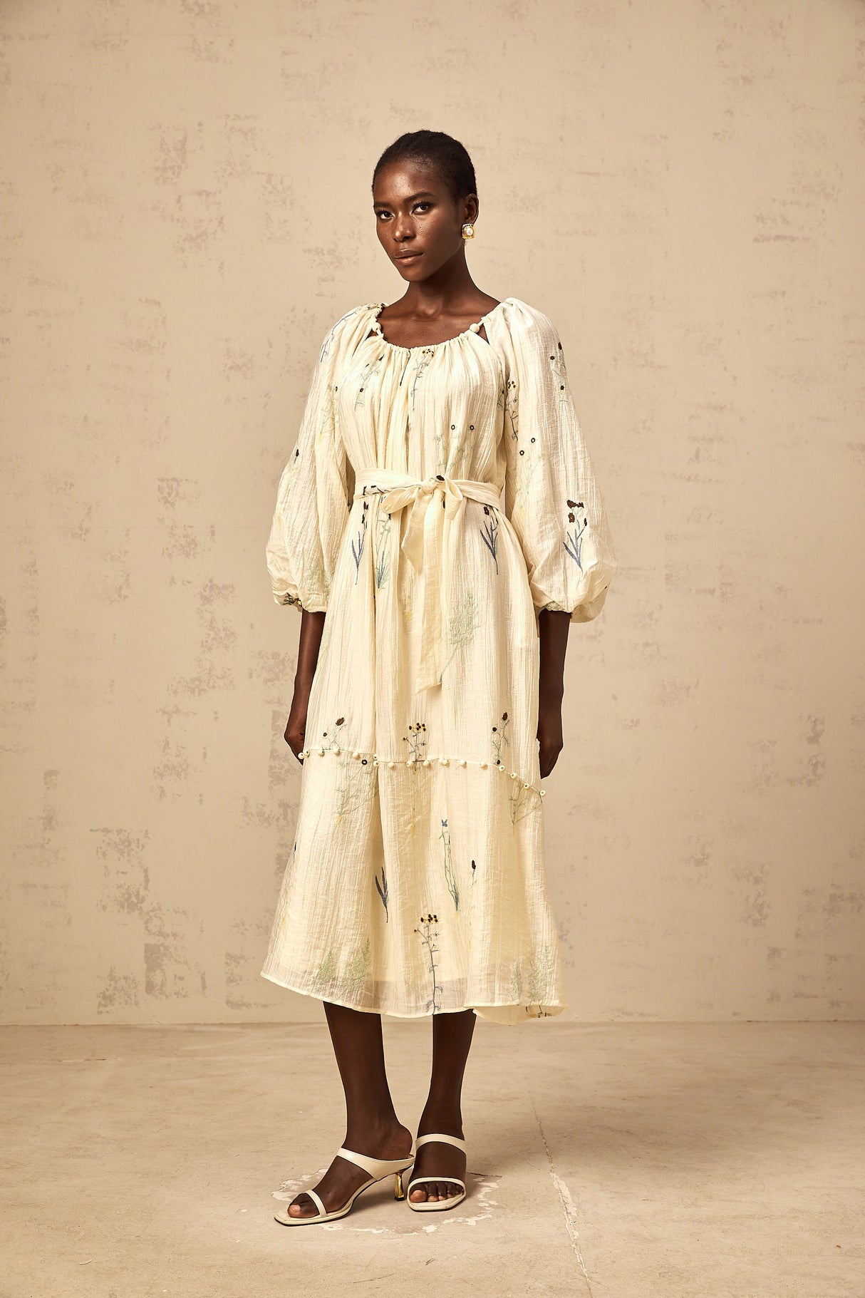 Aurohaya Uranie beige flower-embroidered beaded midi dress