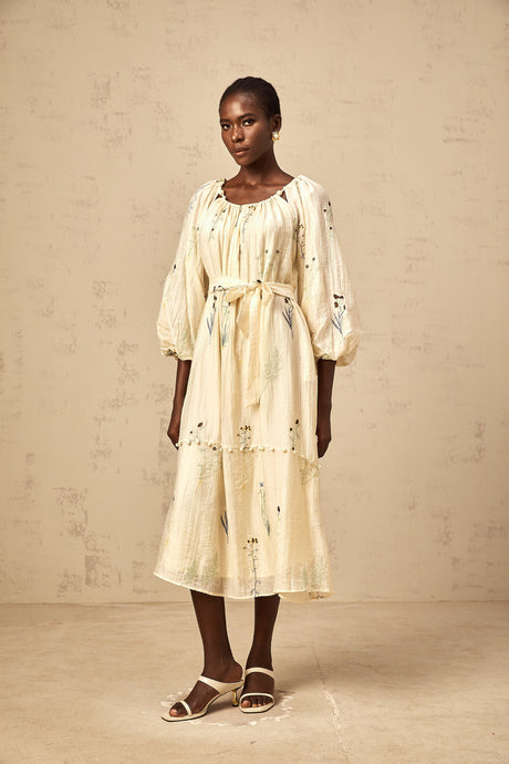 Aurohaya Uranie beige flower-embroidered beaded midi dress