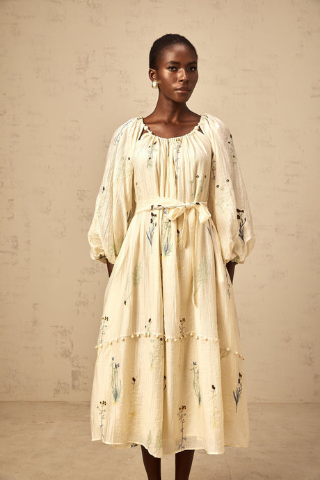 Aurohaya Uranie beige flower-embroidered beaded midi dress