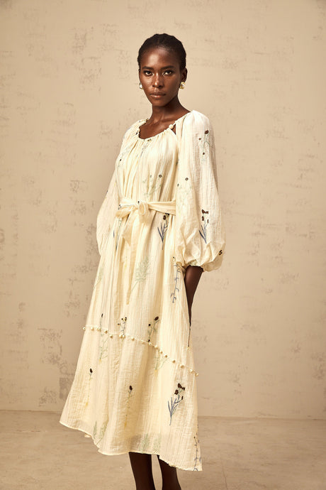 Aurohaya Uranie beige flower-embroidered beaded midi dress