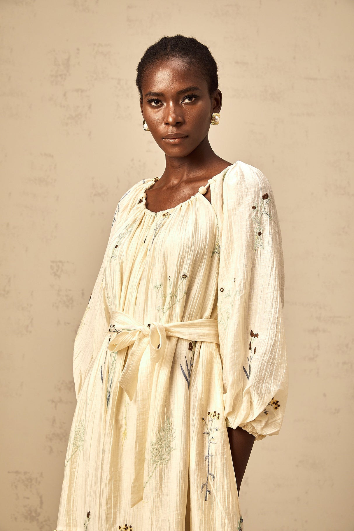 Aurohaya Uranie beige flower-embroidered beaded midi dress