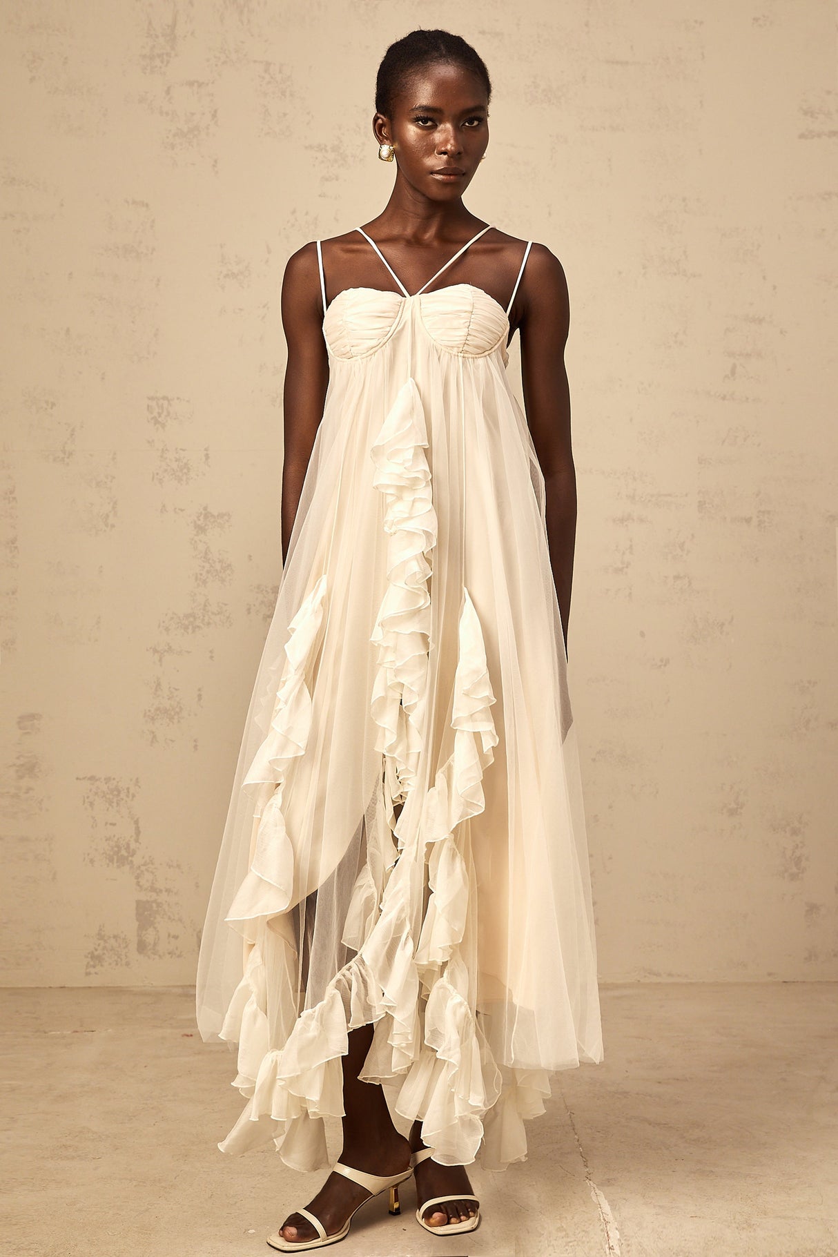 Aurohaya Colette layered ruffled tulle maxi dress in Neutrals