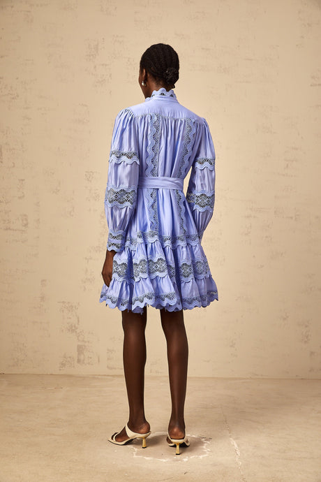 Aurohaya Poema blue cut-out motif-embroidered tiered mini dress