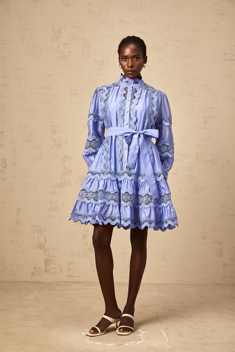 Aurohaya Poema blue cut-out motif-embroidered tiered mini dress