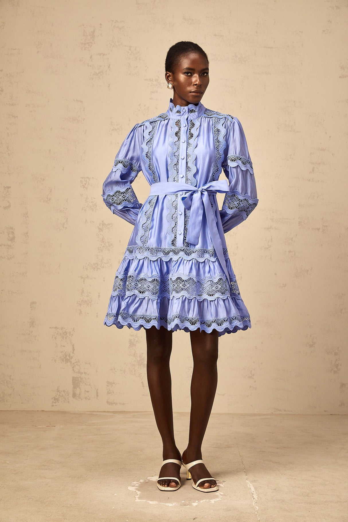 Aurohaya Poema blue cut-out motif-embroidered tiered mini dress