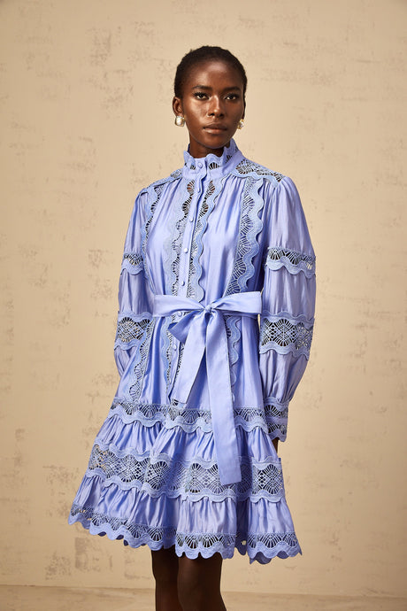 Aurohaya Poema blue cut-out motif-embroidered tiered mini dress