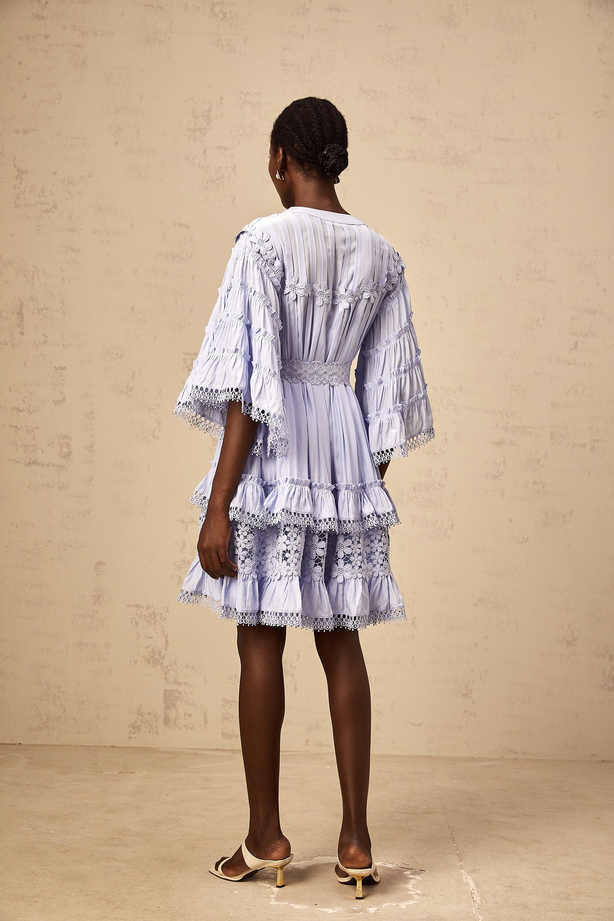 Aurohaya Gaëlle light-blue floral-embroidered tiered mini dress