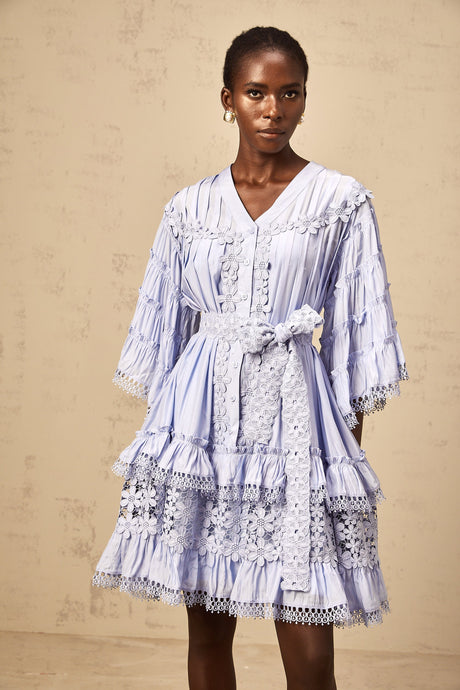Aurohaya Gaëlle light-blue floral-embroidered tiered mini dress