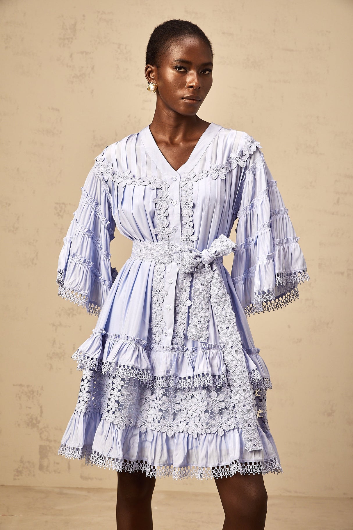 Aurohaya Gaëlle light-blue floral-embroidered tiered mini dress