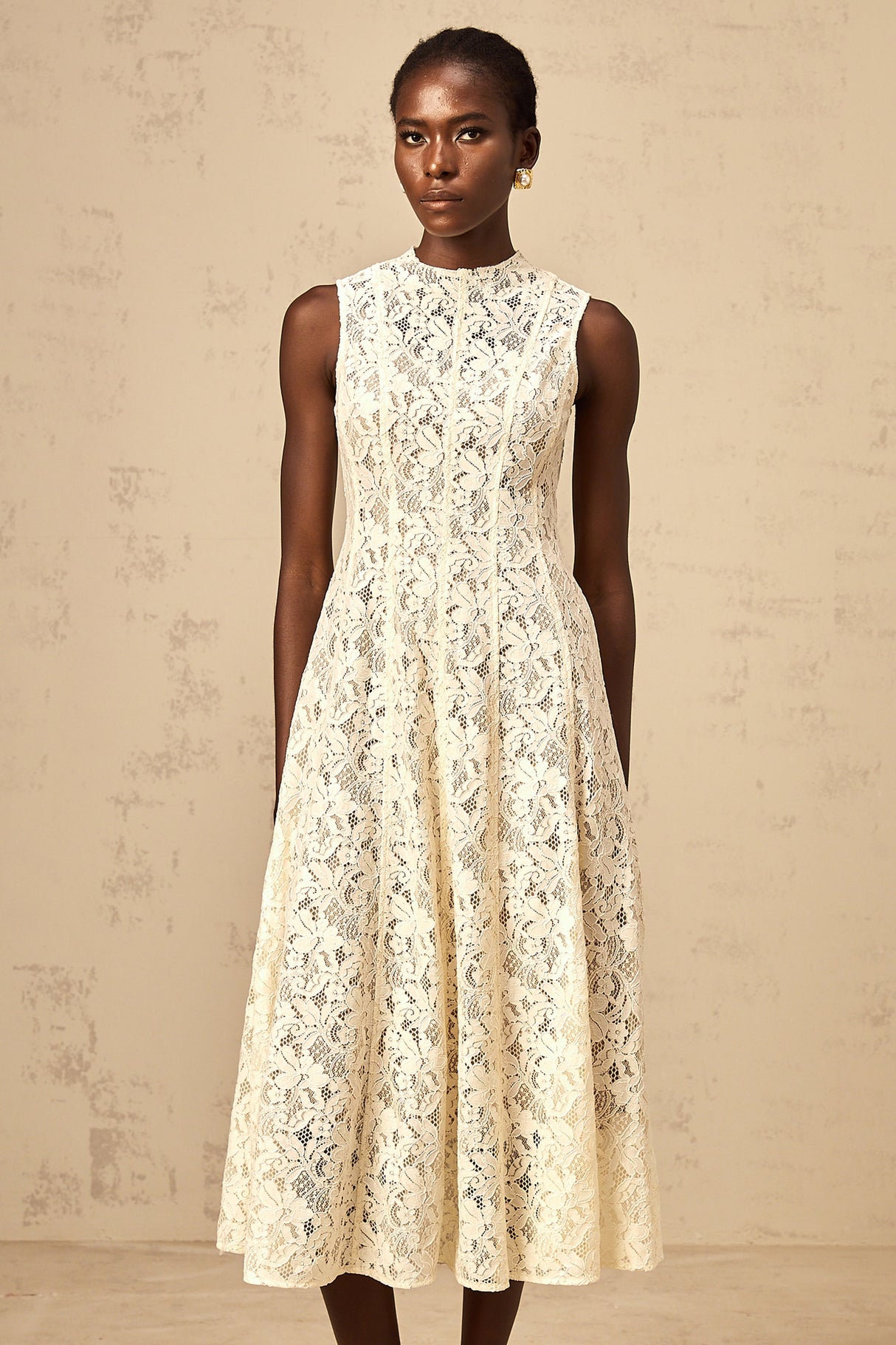 Aurohaya Edelie beige floral-lace flared midi dress