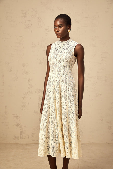 Aurohaya Edelie beige floral-lace flared midi dress