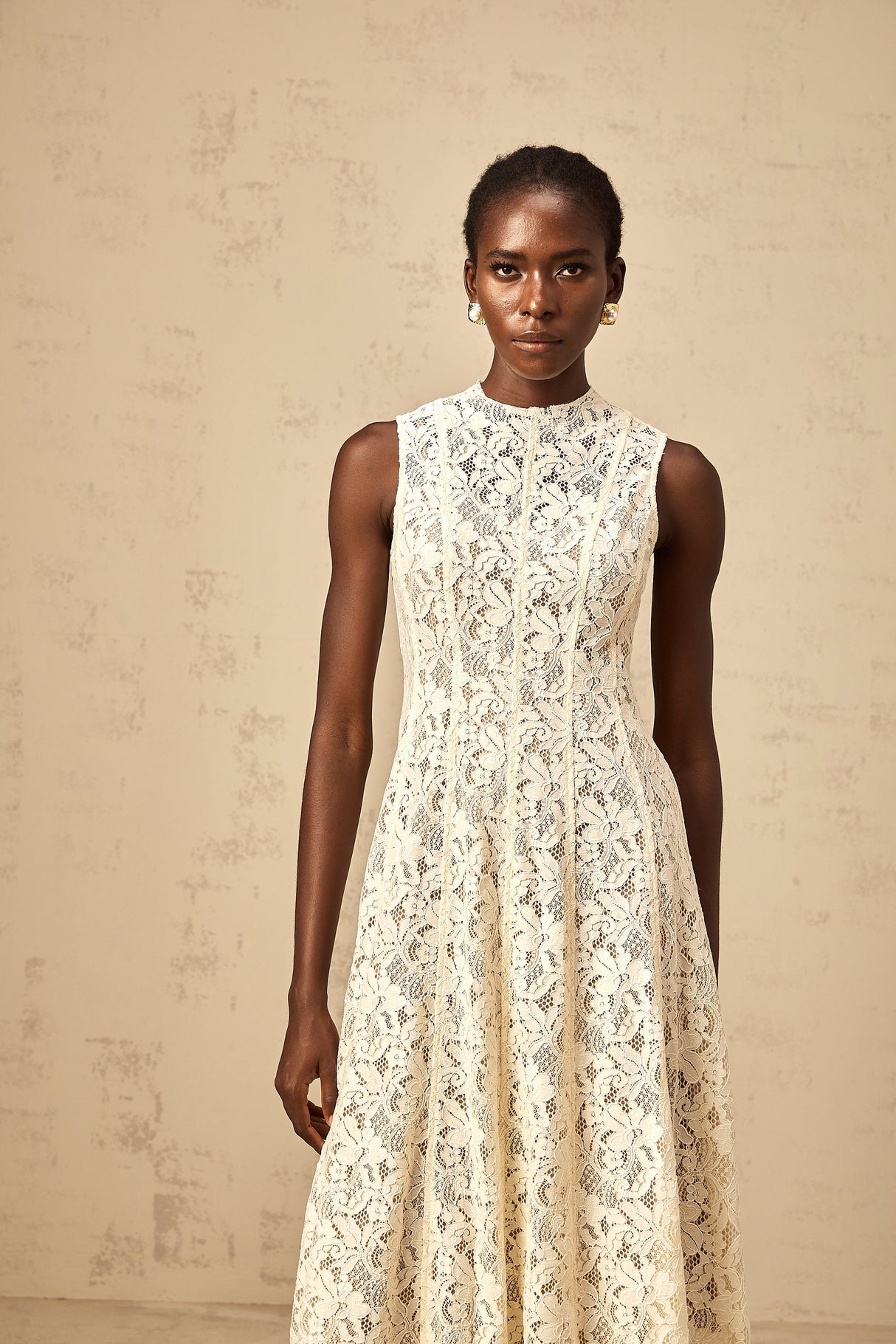Aurohaya Edelie beige floral-lace flared midi dress