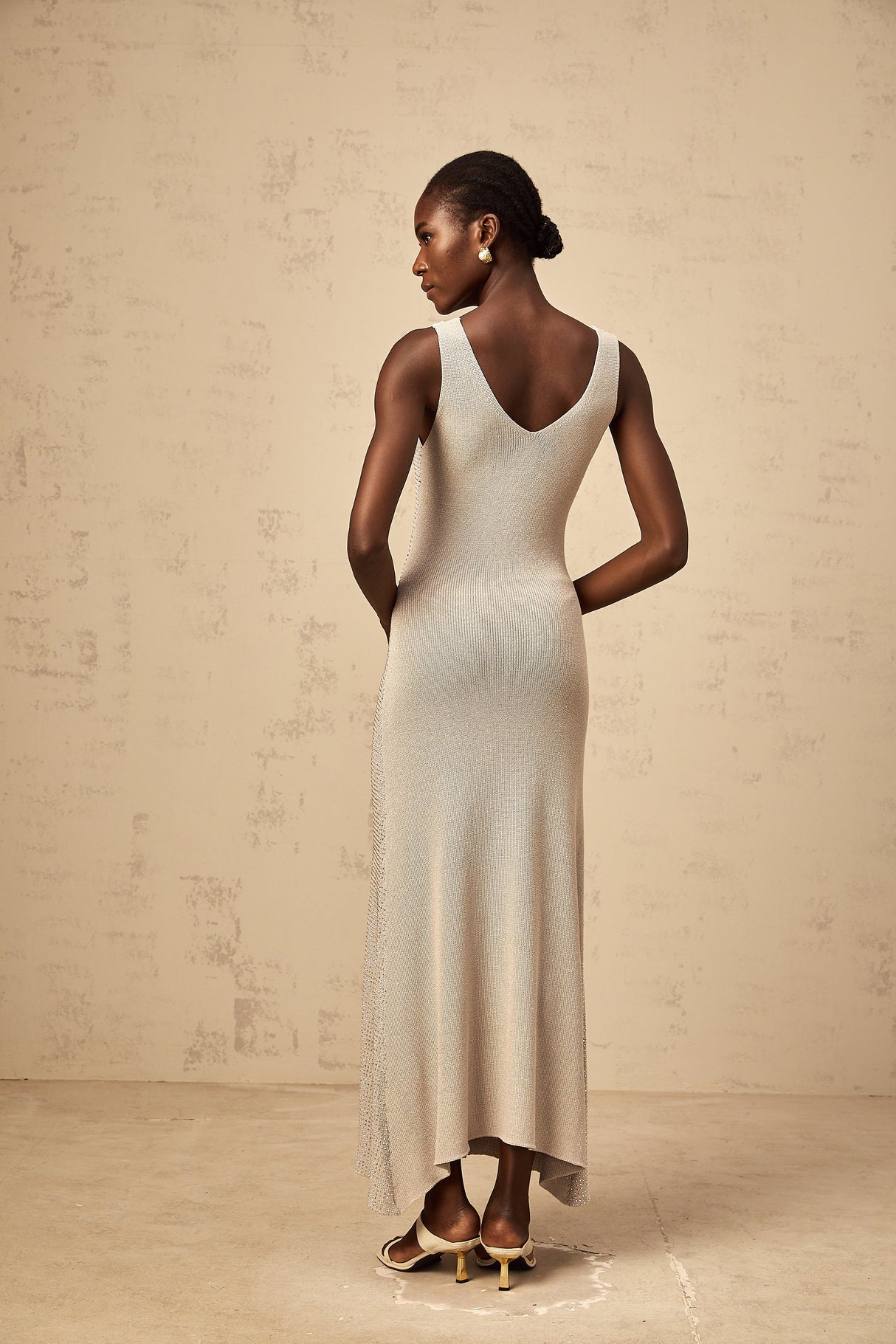 Aurohaya Wanda grey rhinestone knitted tank maxi dress