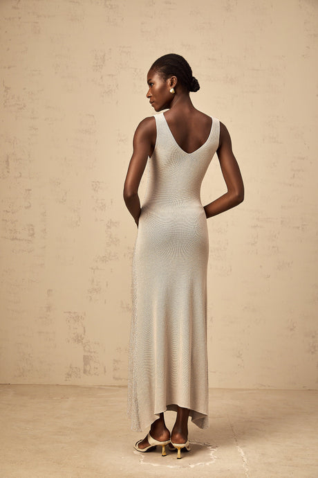 Aurohaya Wanda grey rhinestone knitted tank maxi dress